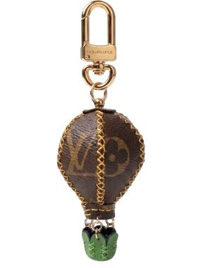 Upcycled Louis Vuitton Brown Monogram Hot Air Balloon Key Charm with Green Baske